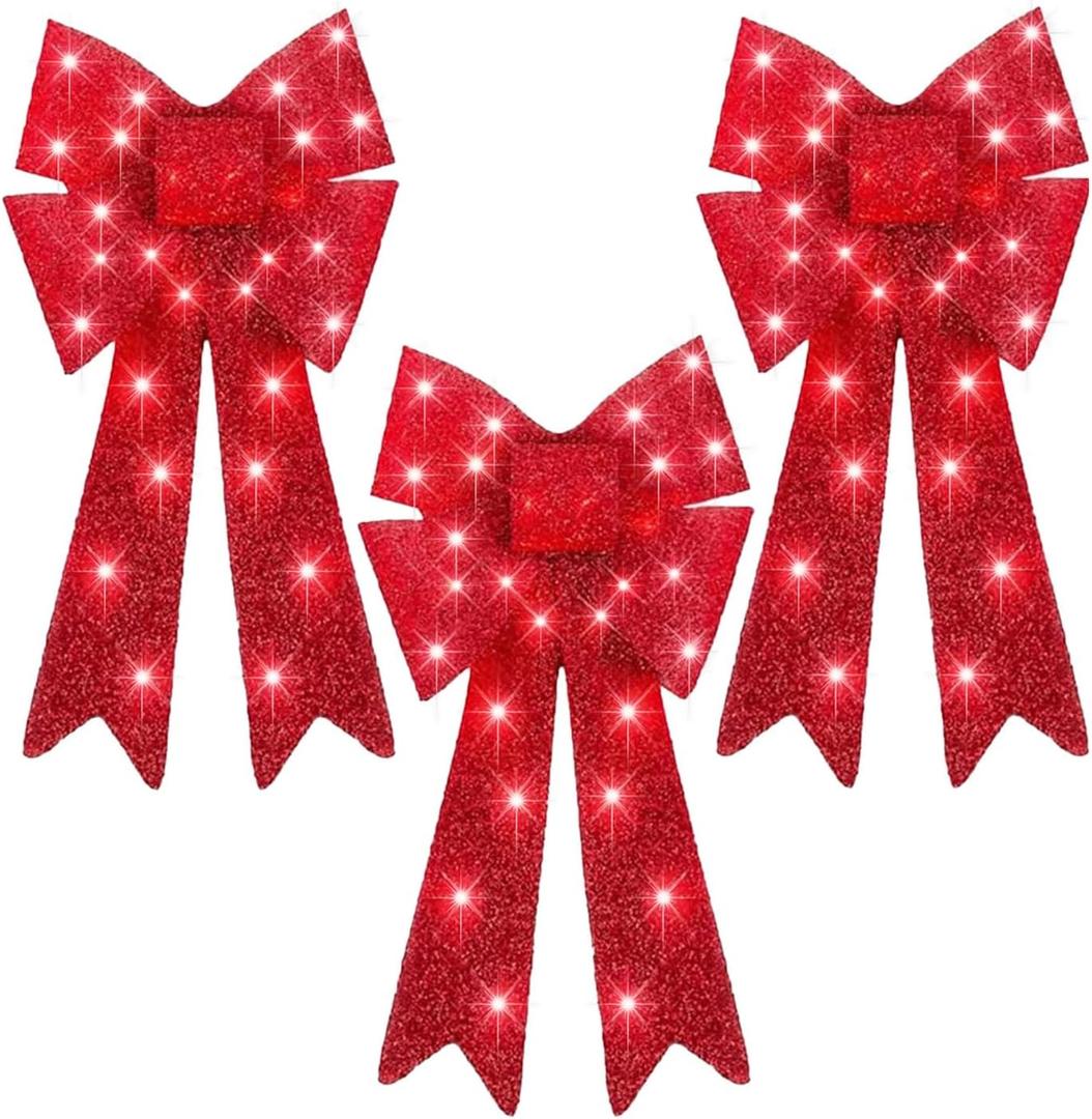 Set of 3 Red Bows Pre-Lit Christmas Bow Decoration Big LED Christmas Bows for Holiday Indoor Outdoor Home Decor w/ 30 Lights, Outdoor Battery Box,Timer, 8 Modes