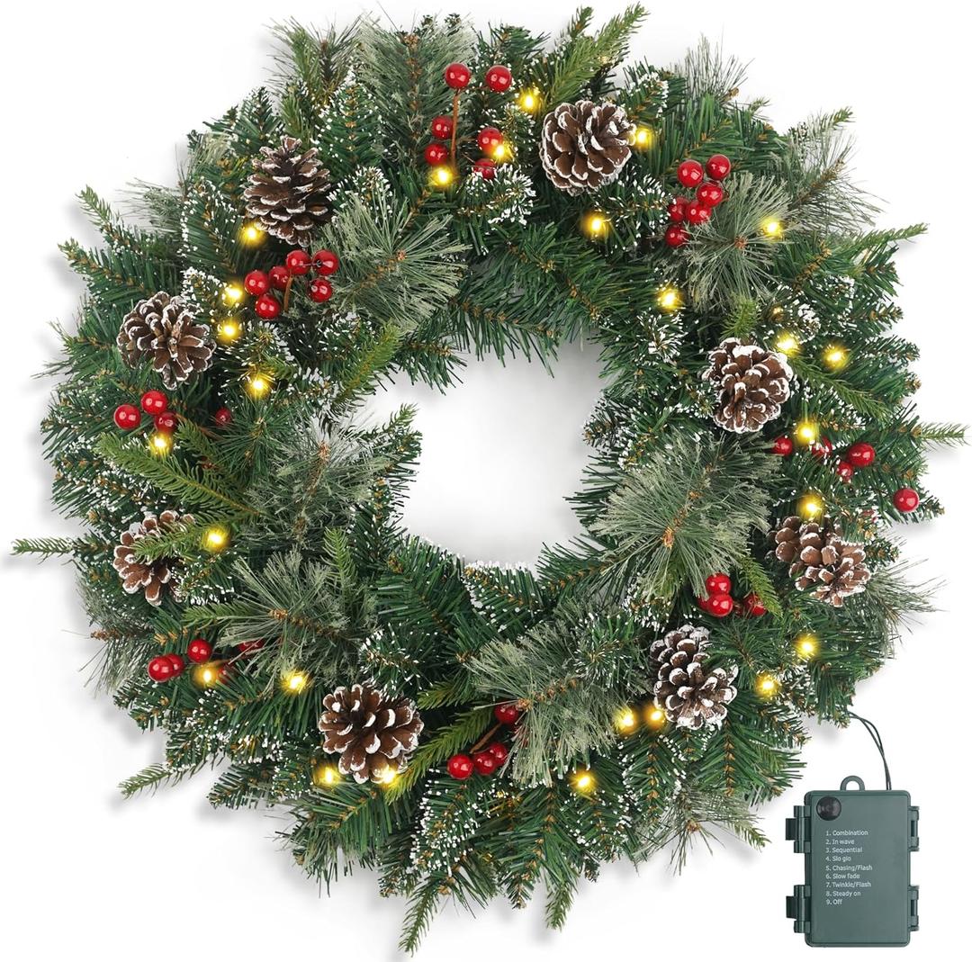 Christmas Wreath Snowy Pre-lit 24 inch with 50 Light & Pine Cone, Artificial Christmas Wreaths for Front Door with Lights, Wreath for Christmas Decoration Door Windows Wall Green