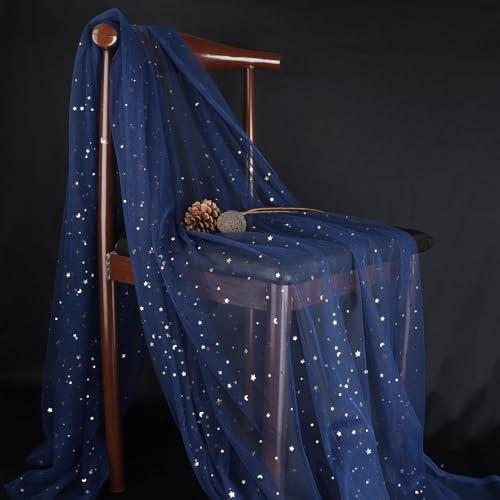 HAVII 59" x 4 Yards Navy Blue Glitter Tulle Rolls Star Moon Sequin Tulle Fabric Bolt for Photography Props Background Tutu Table Skirts DIY Sewing Crafts Wedding Party Decor