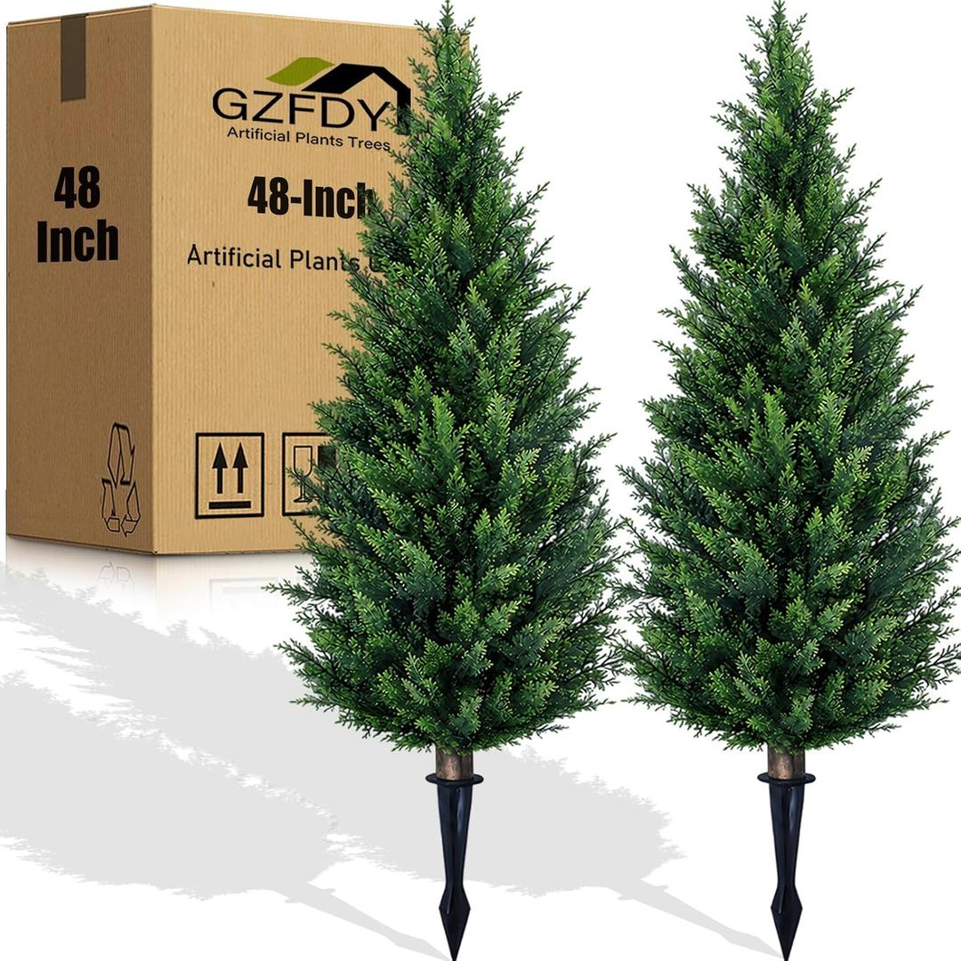 4Ft Artificial Cedar Topiary Trees (2-Pack) - UV Resistant Fake Shrubs with Ground Spike for Outdoor & Indoor Use, Front Porch, Garden Decor