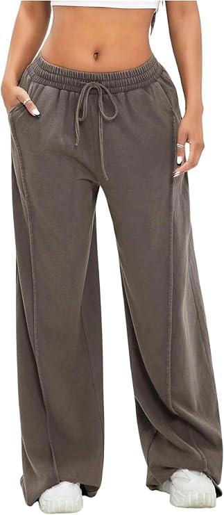 SOLY HUX Women's Baggy Sweatpants Drawstring Waist Wide Leg Loose Casual Long Pants Mocha Brown Medium