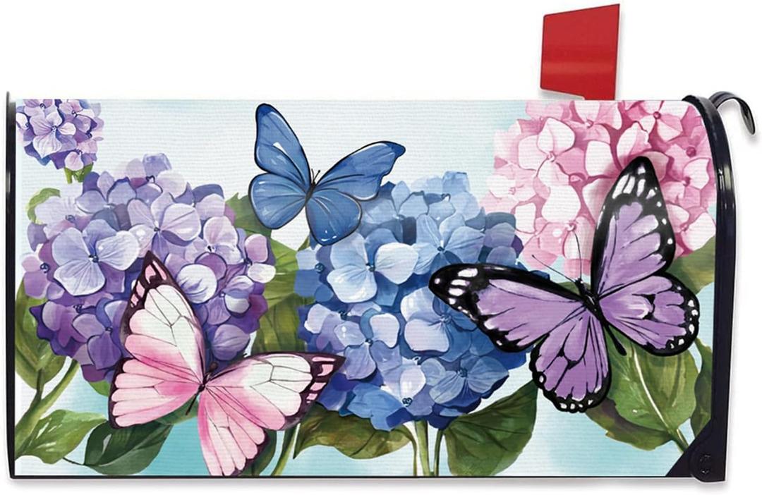 Spring Summer Mailbox Cover Magnetic Standard Size 20.5" x 18", Hydrangea Flower Butterfly Decorative Post Letter Box Wrap Decor, Floral Seasonal Garden Yard Outdoor Decoration