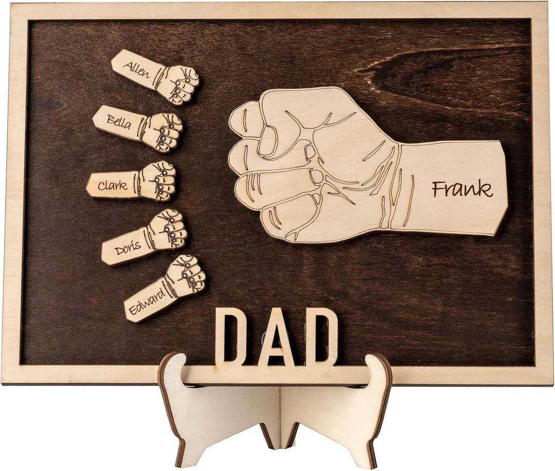 2 x Personalized Fists Bump Wood Sign for Dad, Fathers Day Plaque Gift with Kid Names, Grandparents Day Birthday Gifts for Daddy From Daughter Son Wife (DAD)