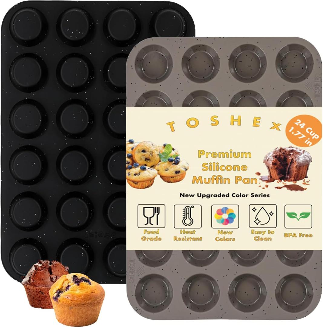 Silicone Muffin Pan 24 Cup Regular Silicone Cupcake Pan [2 Pack] Non-stick Baking Molds Great for Making Muffin Cakes, Bread, Tart, Brownies (Black & Grey, 2 Pack 24 Cup Mini)