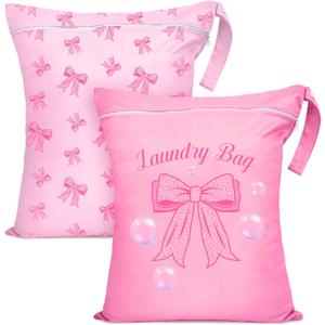 2 Pcs Large Travel Laundry Bags Waterproof Wet Dry Bag, Washable Dirty Clothes Bags for TravelDrawstring, Bathing Suit, Workout, Gym Clothes Laundry, Swimming Pool & College Dorm, Pink Bow