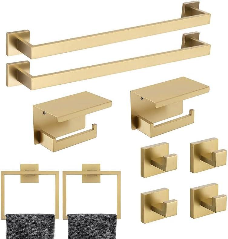 10 Pack Brushed Gold Bathroom Hardware Set - SUS304 Stainless Steel Wall-Mounted Towel Bar, Holder & Racks, 23.6 Inch
