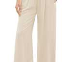 GRAPENT Capri Pants for Women High Waisted Wide Leg Linen Palazzo Trousers Pull On Elastic Smock Waist Loose Flowy Pants (Small, Beige)