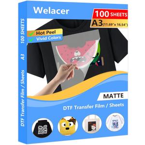 DTF Transfer Film A3 100 Sheets Double-Sided Matte DTF Film, PET Heat Transfer Paper for Inkjet Printer DTG Printer Direct Print On T Shirts Textile (Hot & Cold Peel)