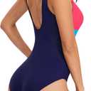 Womens One Piece Swimsuit Scoop Open Back Athletic Training Swimwear Color Block Sport Bathing Suit (S)