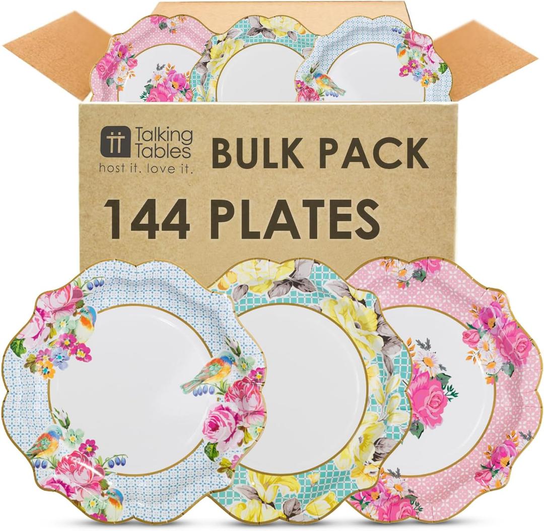 Talking Tables 144 x Pretty Floral Disposable Paper Plates Bulk Pack Afternoon Tea Mothers Day Table Party Decorations for Birthday Baby Shower, Wedding and Anniversary, Size 9"