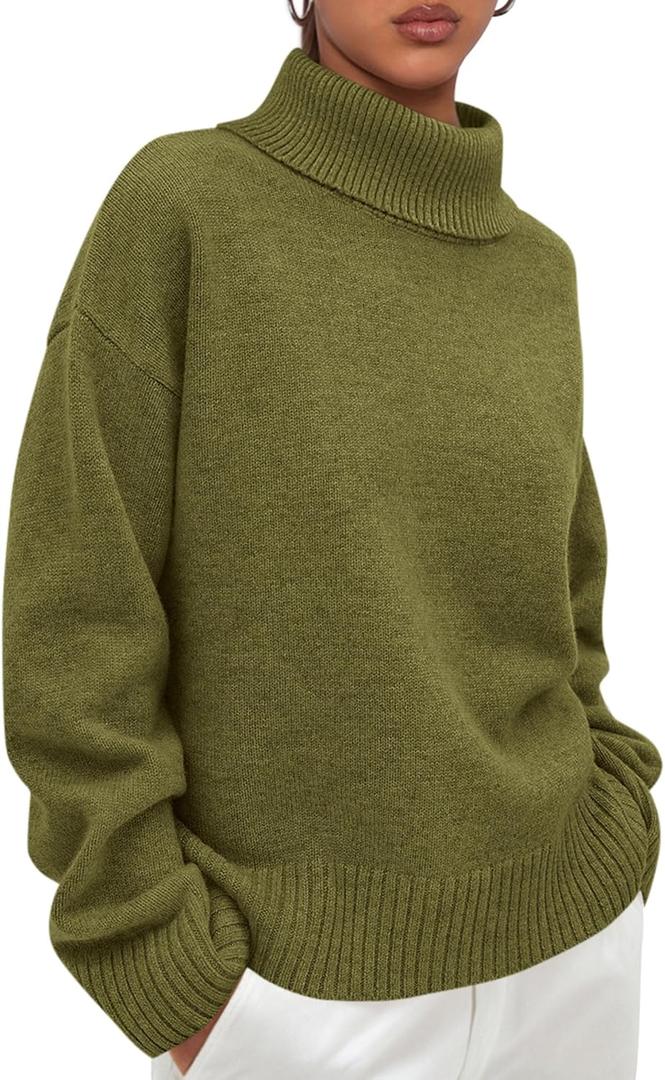 PRETTYGARDEN Womens Turtleneck Long Sleeve Sweater 2026 Fall Trendy Loose Fit Casual Tops Chunky Knit Pullover Sweaters (Small, Olive Green)