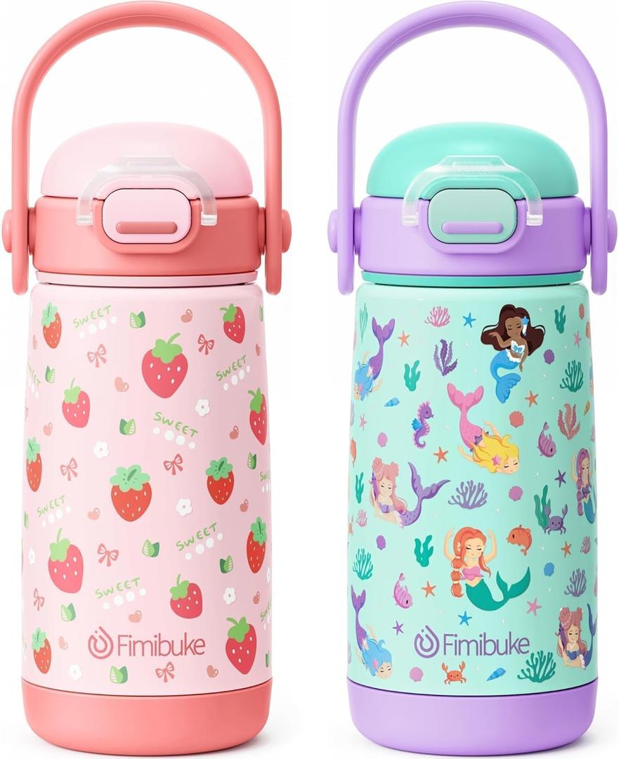 Fimibuke Kids Insulated Water Bottle with Straw Lid & Handle - 14oz BPA FREE 18/8 Stainless Steel Metal Tumbler Leak Proof Double Wall Vacuum Kids Cup Toddler Water Bottle for School Boys Girls (B1.Strawberry & Mermaid)