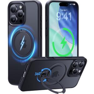 CASEKOO Patented 360 Spin Magnetic Stand for iPhone 16 Pro Case [Military Drop Protection] [Non-Slip Edge] [Compatible with MagSafe] Matte Shockproof Slim for 16 Pro Case 6.3'', Black