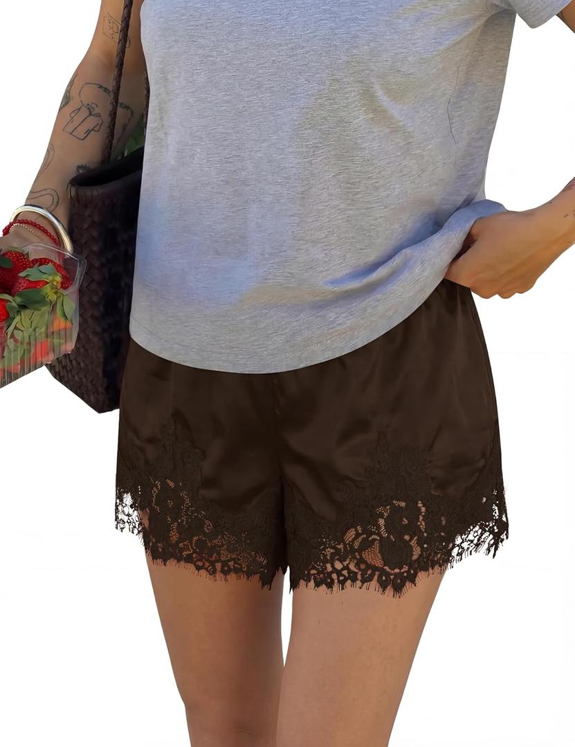 LOMON Women Satin Silk Lace Shorts Y2k Mini Shorts Coquette Lounge Half Slip Pj Bottoms 2026, Medium