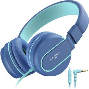 AILIHEN Kids Headphones, I35 On-Ear Headphones for School, Safe Volume 93dB, HD Mic Stereo Headphone for Kid Girls Boys, Foldable 3.5mm Wired for Chromebook, Laptop, Computer, Tablet (Blue) (Indigo)