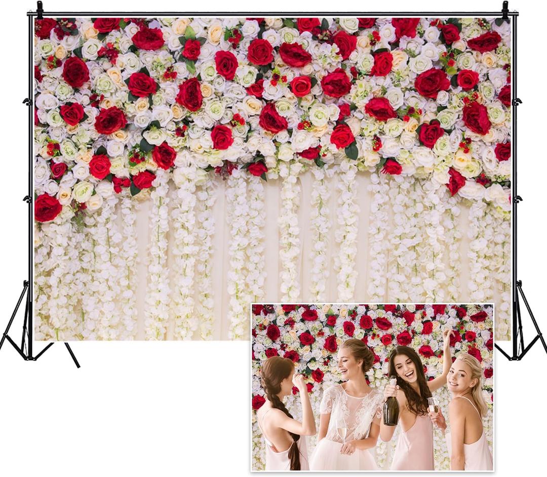 8x6ft White Red Flowers Wall Backdrops Wedding Floral Background Spring Blooming Roses Photography Banner for Bridal Shower Mothers Day Birthday Womens Day Valentines Day Baby Shower Decor