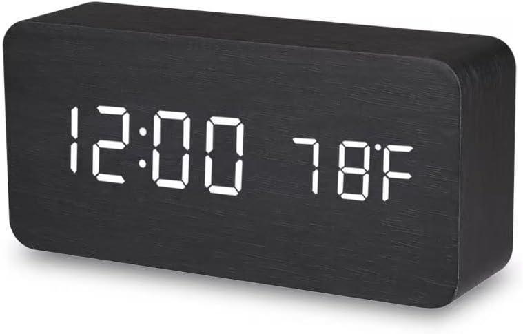 Battery Powered Digital Clock for Bedroom and Living Room Decor, Nightstand Clock with Voice Control Function Dual Display Time(12/24h) and Temperature(C/F), Office Wood Dcor (Black)