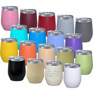 18 Pack Stainless Steel Wine Tumbler with lid, 12oz Insulated Powder Coated Wine Tumbler Stemless Double Wall Vacuum Wine Glass Coffee Tumbler Bulk Laser Engrave, DIY Gift, 18 Colors