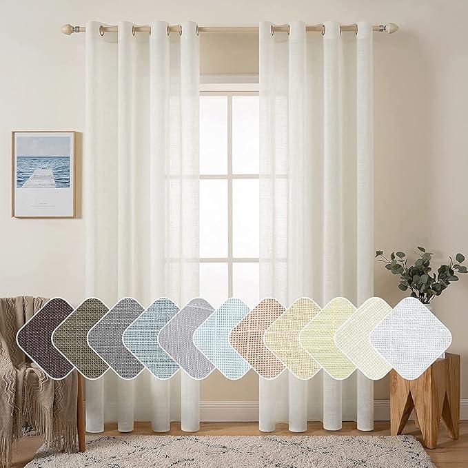 MIULEE Linen Sheer Curtains 108 Inch Long Elegant Solid Natural White Drapes Grommet Top Window Voile Panels Linen Textured Panels for Bedroom Living Room (52X108 Inch)