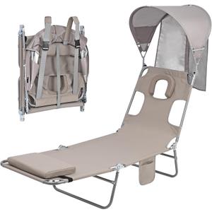 Backpack Beach Tanning Chair with Canopy Sun Shade & Face Hole, 6 Position Folding Lounge Sun Chair for Adults Outside Reading Sunbathing Poolside Camping Lawn, UPF 50+, Patent Design (Beige)