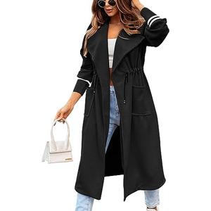 Fazortev Women Coat Pocket Casual Drawstring Waist Open Front Classic Lapel Overcoat S