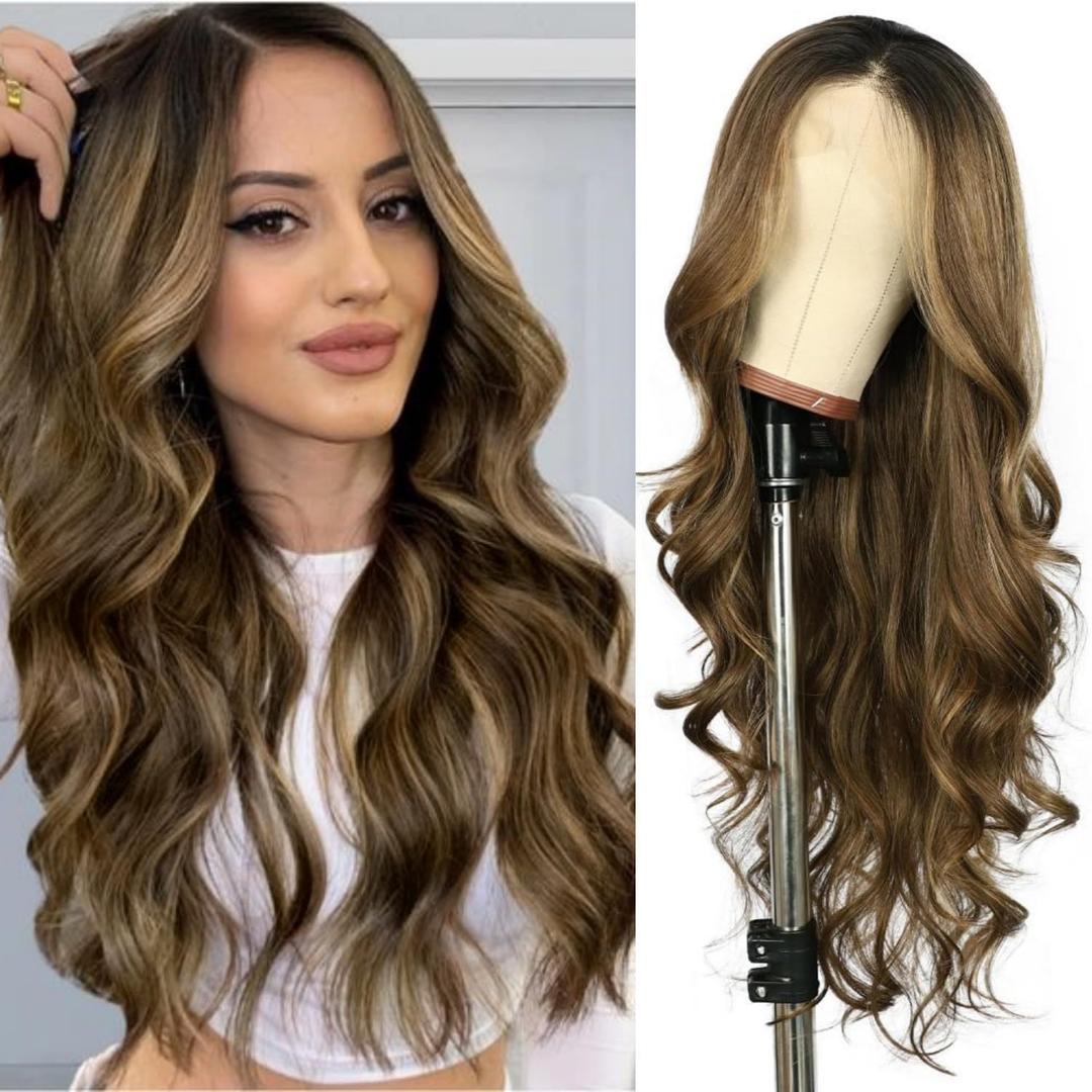 SAPPHIREWIGS Highlight Brown Lace Front Wigs for Women 134 Free Part Ombre Chestnut Brown Wig Synthetic Long Wavy Wigs Glue less Heat Resistant Synthetic Wigs for Daily Party Use 26inch