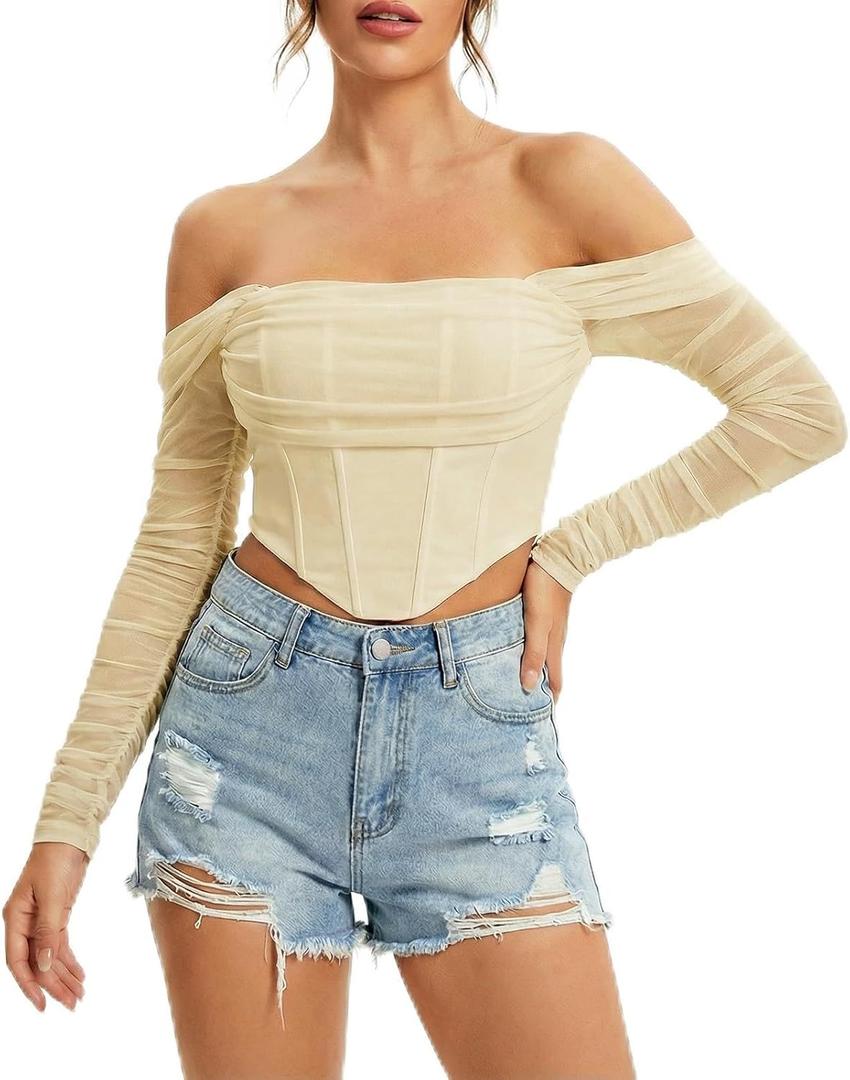 Corset Tops for Women Long Sleeve Off The Shoulder Crop Boned Bustier Trendy Y2K Going Out Tops