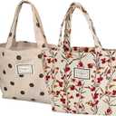 2PCS Corduroy Small Tote Bag for Women Cute Floral Mini Tote Bag Preppy Aesthetic Reusable Bags for Grocery, Essentials, Water Bottle, Keys (Red Rose)