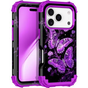 LONTECT for iPhone 17 Pro Max Case 3 in 1 Shockproof Heavy Duty Rugged Hard PC+Soft Silicone Full Body Protective Cover Butterfly Case for Apple iPhone 17 Pro Max 2025, Glow in the Dark Purple
