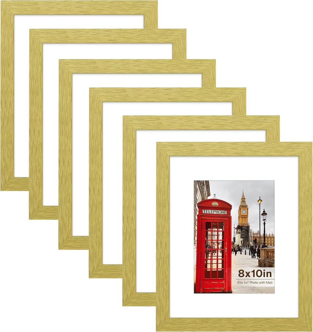 PEALSN 8x10 Picture Frame Set of 6, Display Pictures 5x7 with Mat or 8x10 Without Mat for Wall Mounting or Table Top Display, Photo Frames Collage for Wall Decor, Gold