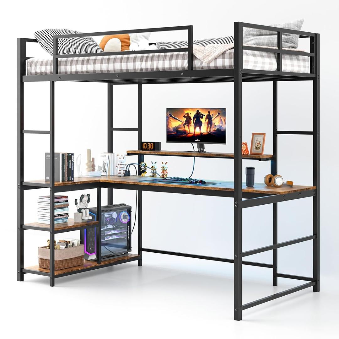 Tatub Twin Loft Bed with Large L Shape Desk and LED Lights, Metal Loft Bed Frame with Ladder, Adjustable Monitor Stand and Storage Shelves, Space-Saving Bed for Teens, Kids, Adults, Black-Brown