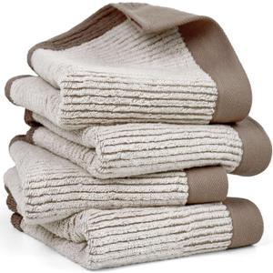Cleanbear Hand Towels for Bathroom Set of 4, Jacquard Weaved Cotton Face Towels, 28 x 13.7 Inches (Light-Brown)