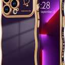 Anuck for iPhone 13 Pro Max Case for Women Girls, Cute Curly Wave Frame Shape Love Heart Design, Luxury Plating Wavy Edge Full Camera Protection Soft TPU Shockproof Phone Case Cover, Dark Purple