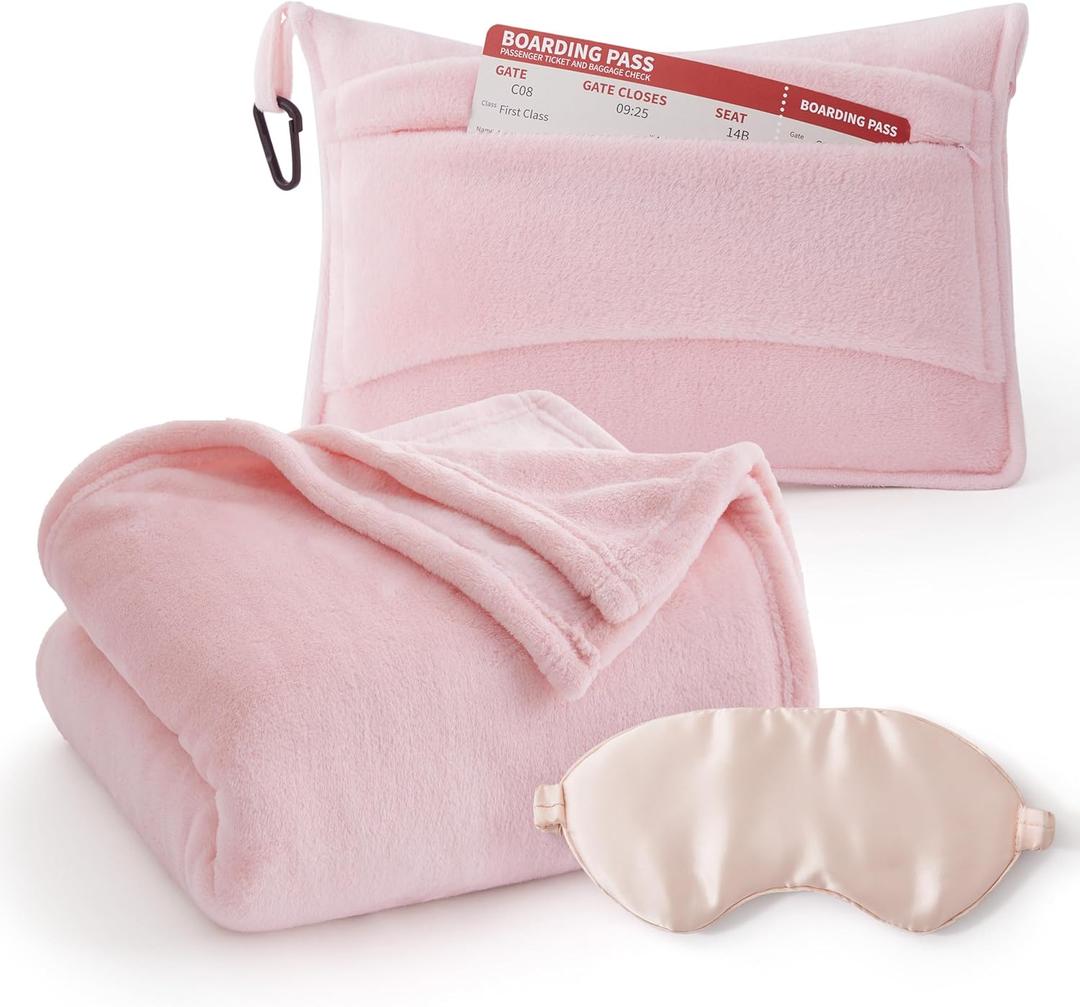 Bedsure Travel Blanket Airplane Compact with Storage Bag, Packable Blanket with Eye Mask, Lightweight 2-in-1 Travel Essentials, Functioned as Pillow for Airplane Comfort and Warmth, Pink (Throw)