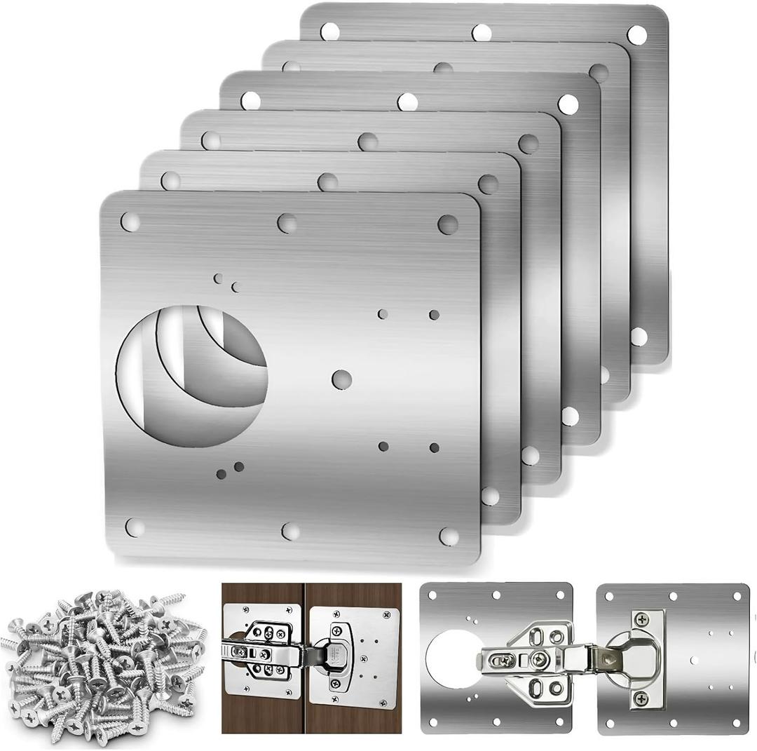 6 Pcs Cabinet Door Hinge Repair Plates, Cabinet Hinge Repair Board Replacement Kit, Metal Hinges Repair Fixing Plates with Screw for Kitchen Cupboard Door (Large)