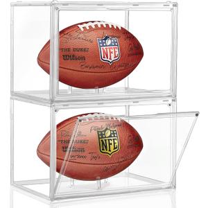 2 Pack Football Display Case, KKU Acrylic Clear Football Case Full Size with Magnetic Door, Professional Memorabilia Football Display Boxes Football Holder Dust and UV Protection