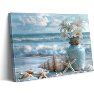 Blue Ocean Beach Bathroom Canvas Wall Art Starfish with White Flower Coastal Picture Wall Decor Seascape Poster Seaside Seashell Painting Print Artwork for Living Room Bedroom Restroom, Framed (16L''x12W'')