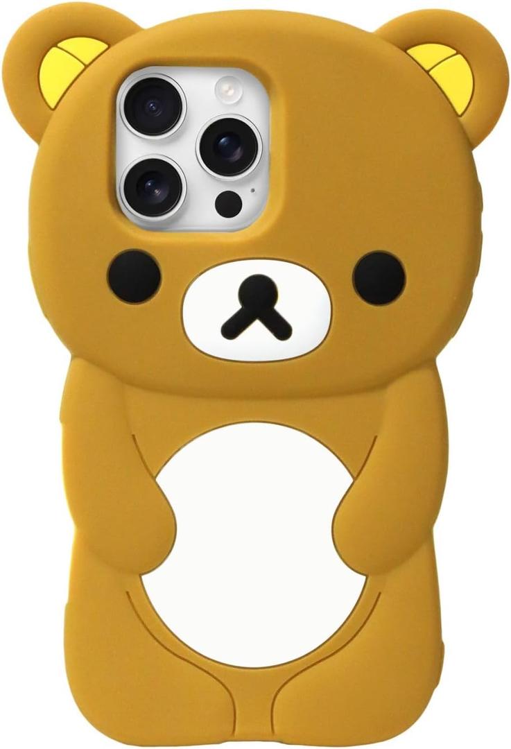 IAIYOXI Soft Silicone Bear Case for iPhone 16 Pro, Cute 3D Cartoon Teddy Bear Designed, Protective Lovely Fun Adorable Fashion Phone Case, Kawaii Cover for Women Girls Kids, Brown