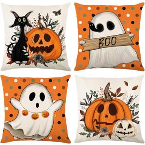 Halloween Pillow Covers 16 x 16 Inch Set of 4 Orange Polka Dots Pumpkins Boo Black Cat Ghost Throw Pillow Covers Indoor Outdoor Decorative Pillow Case for Sofa Couch Bed Living Room Decor