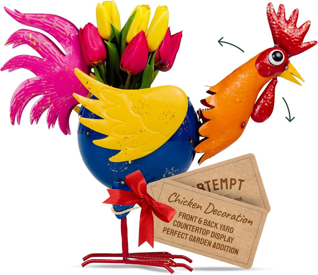 Metal Chicken Decor - Indoor/Outdoor - Chicken Garden Statue - Fruit Bowl Countertop Centerpiece - Metal Rooster Decor - Rust Proof & Weather Resistant - 17" x 7.5" x 19
