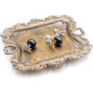 Funly mee Small Antique Trinket Dish Vintage Gold Metal Jewelry Tray, Ring Holder-5.3 x 3.5 x 1.2 inches
