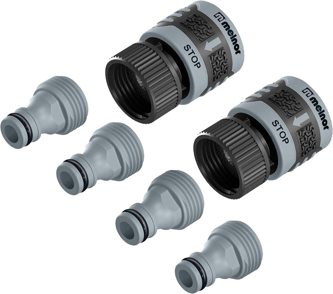 Melnor 65175AMZ 6 Piece Quick Connect Starter Set Connector Bundle, Product Adapter, Product End Connector, Black, Grey, 6 Pcs Set