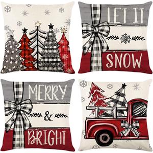 Christmas Pillow Covers Set of 4 for Xmas Decorative Throw Pillowcase Winter Holiday Cushion Case for Home Decor (Pickup Bow Christmas Tree) (Red, 16"x16")