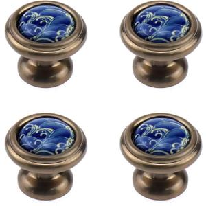 MY MIRONEY 1.26" Diameter Blue Porcelain Knobs Chinese Style Decorative Drawer Pulls Antique Bronze Ceramic Knobs Door knobs Cupboard Pull Handle Pack of 4