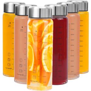 Glass Juice Bottles 6 Pack 20 oz - Wide Mouth Glass Water Bottles with Lids - for Juicing, Smoothies, Milk, Protein, BPA Free, Reusable, Stainless Steel Lids, Leak Proof, Shaker bottle (20oz/600ml)