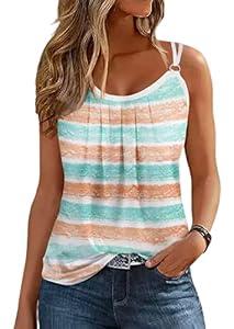 Ruffled Square Collar Casual Tank Summer Casual Fashion Camping Seaside Party Sleeveless Tank Women's Mother top Vest (Small, Striped)