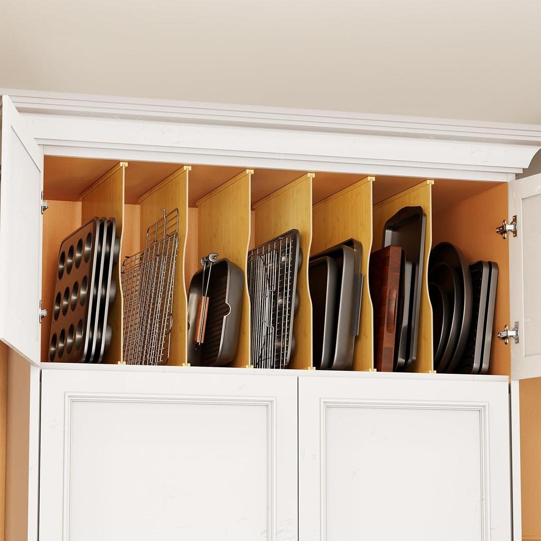 SpaceAid 6 Pack (23.5"D x 23.7"H) Tray Dividers for Cabinets, Bamboo Kitchen Cookie Baking Sheet Organizer for Cabinet, Vertical Pan and Trays Organizers for Pantry Storage (Natural)