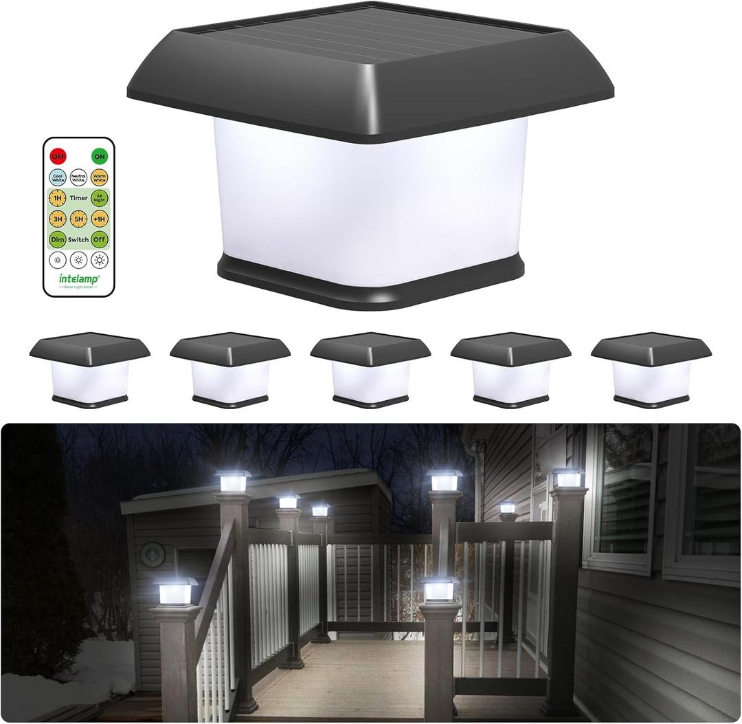 intelamp Solar Post Cap Lights Outdoor Waterproof 6 Packs, Fence Deck LED Lighting for 3x3 4x4 5x5 6x6 Wooden Vinyl with Remote Control Dusk to Dawn Warm White Light for Garden Patio Porch Mailbox