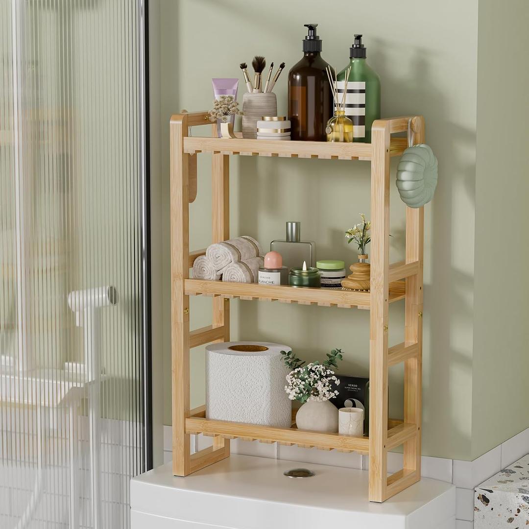 AmazerBath Bamboo Over The Toilet Storage Shelf - 3-Tier Bathroom Organizers and Storage Shelves, 2 in 1 Dual Stable Above Over Toilet Bamboo Shelf Home Storages Rack for Small Bathroom, Space Saver (Natural Color)