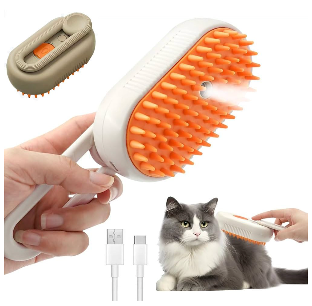 2PCS Steam Pet Brush, USB Rechargeable Grooming Comb for Cats and Dogs, Silicone Massage Brush, White